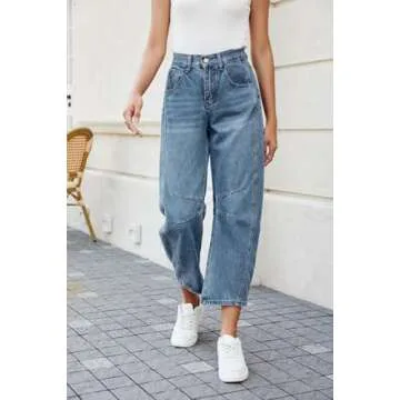 Allimy Womens Jeans High Waisted Mid Rise Baggy Loose Fit Ankle Barrel Leg Y2K Boyfriend Horseshoe Cropped Wide Leg Jeans for Women Trendy 2025 Denim Capri Pants Women Blue Size 4