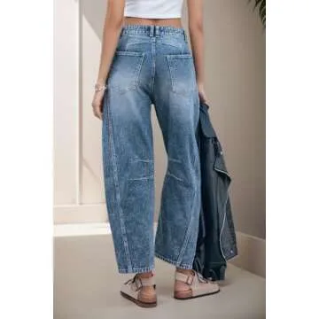 Allimy Womens Jeans High Waisted Mid Rise Baggy Loose Fit Ankle Barrel Leg Y2K Boyfriend Horseshoe Cropped Wide Leg Jeans for Women Trendy 2025 Denim Capri Pants Women Blue Size 4