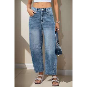 Allimy Womens Jeans High Waisted Mid Rise Baggy Loose Fit Ankle Barrel Leg Y2K Boyfriend Horseshoe Cropped Wide Leg Jeans for Women Trendy 2025 Denim Capri Pants Women Blue Size 4