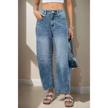 Allimy Womens Jeans High Waisted Mid Rise Baggy Loose Fit Ankle Barrel Leg Y2K Boyfriend Horseshoe Cropped Wide Leg Jeans for Women Trendy 2025 Denim Capri Pants Women Blue Size 4
