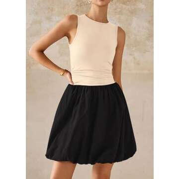 KIRUNDO Summer Dresses for Women 2025 Sleeveless Bodycon Bubble Mini Dress Cute Crewneck Drop Waist Cocktail Dress Pockets(Beige Black, XX-Large)