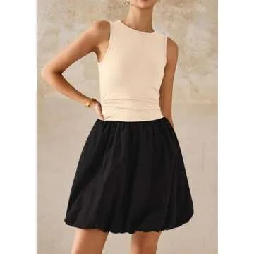 KIRUNDO Summer Dresses for Women 2025 Sleeveless Bodycon Bubble Mini Dress Cute Crewneck Drop Waist Cocktail Dress Pockets(Beige Black, XX-Large)