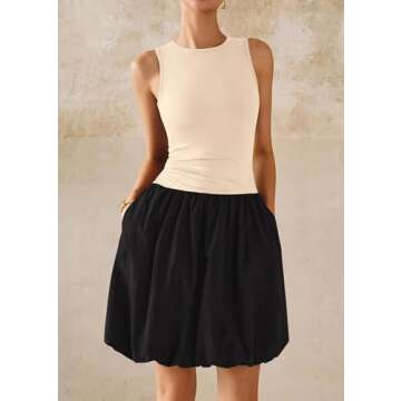 KIRUNDO Summer Dresses for Women 2025 Sleeveless Bodycon Bubble Mini Dress Cute Crewneck Drop Waist Cocktail Dress Pockets(Beige Black, XX-Large)