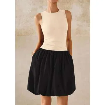 KIRUNDO Summer Dresses for Women 2025 Sleeveless Bodycon Bubble Mini Dress Cute Crewneck Drop Waist Cocktail Dress Pockets(Beige Black, XX-Large)