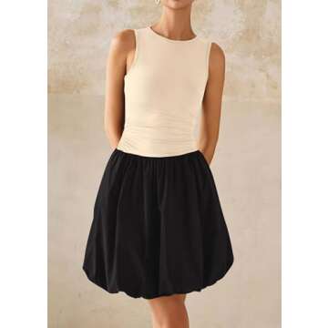 KIRUNDO Summer Dresses for Women 2025 Sleeveless Bodycon Bubble Mini Dress Cute Crewneck Drop Waist Cocktail Dress Pockets(Beige Black, XX-Large)
