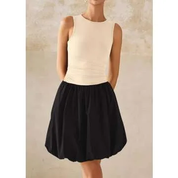 KIRUNDO Summer Dresses for Women 2025 Sleeveless Bodycon Bubble Mini Dress Cute Crewneck Drop Waist Cocktail Dress Pockets(Beige Black, XX-Large)