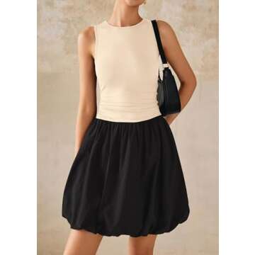 KIRUNDO Summer Dresses for Women 2025 Sleeveless Bodycon Bubble Mini Dress Cute Crewneck Drop Waist Cocktail Dress Pockets(Beige Black, XX-Large)