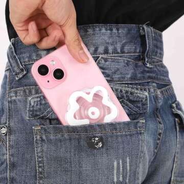 LOLLWIDY Phone Grip Compatible with MagSafe, Detachable Clear Flower Phone Grip Holder Collapsible, Compatible with Kindle, Smartphone Tablet Cell Phone Accessory (Magnetic Type, Pink)