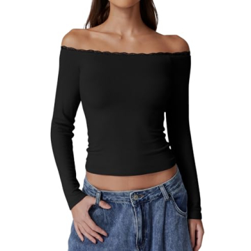 QINSEN Womens Long Sleeve T Shirt Off Shoulder Ribbed Tops Double Lined Fitted Tees with Lace Detail...