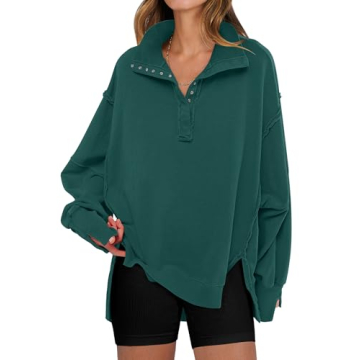ANRABESS Women's Sweatshirts Oversized Casual Loose Button Up Henley Pullover Top High Low Split 202...