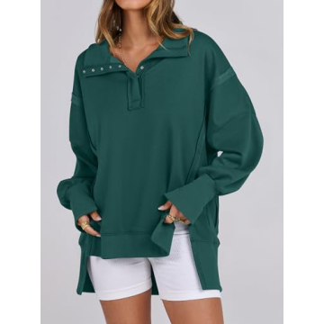 ANRABESS Women's Sweatshirts Oversized Casual Loose Button Up Henley Pullover Top High Low Split 2024 Fall Fashion Outfits Forest Large