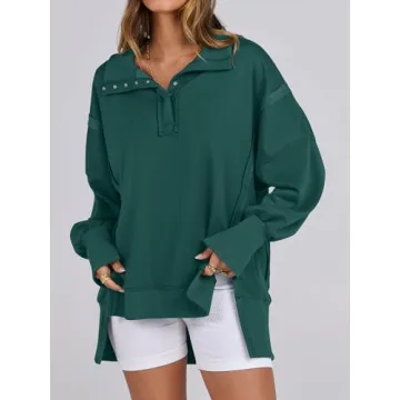 ANRABESS Women's Sweatshirts Oversized Casual Loose Button Up Henley Pullover Top High Low Split 2024 Fall Fashion Outfits Forest Large