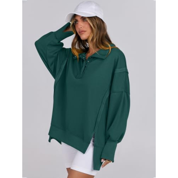 ANRABESS Women's Sweatshirts Oversized Casual Loose Button Up Henley Pullover Top High Low Split 2024 Fall Fashion Outfits Forest Large