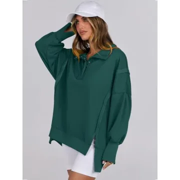 ANRABESS Women's Sweatshirts Oversized Casual Loose Button Up Henley Pullover Top High Low Split 2024 Fall Fashion Outfits Forest Large