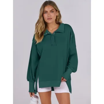 ANRABESS Women's Sweatshirts Oversized Casual Loose Button Up Henley Pullover Top High Low Split 2024 Fall Fashion Outfits Forest Large