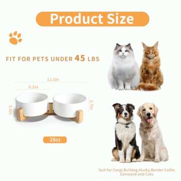 Ceramic Dog Cat Bowls 28OZ with Anti-Slip Wooden Stand, No Spill Dog Food Water Bowl Set Suitable fo...