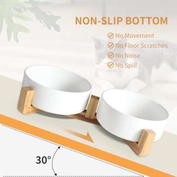 Ceramic Dog Cat Bowls 28OZ with Anti-Slip Wooden Stand, No Spill Dog Food Water Bowl Set Suitable for Small, Medium and Large Cats Dogs,Weighted Pet Bowls Set of 2,White