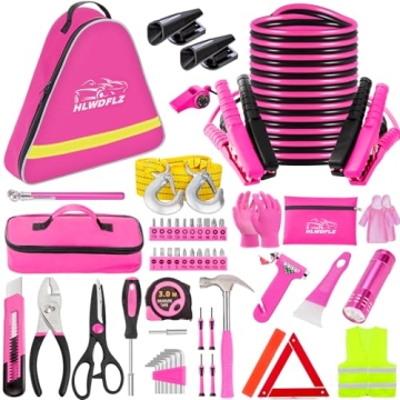 HLWDFLZ Car Roadside Emergency Kit - Pink Roadside Assistance Emergency Kit with Jumper Cables, Auto...
