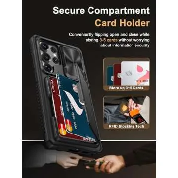 Vihibii for Samsung Galaxy S25 Ultra Case with Card Holder (4 Cards), [RFID Blocking] & Slide Camera Cover & Military Grade Drop Protection, Heavy Duty Wallet Cover for Samsung Galaxy S25 Ultra, Black
