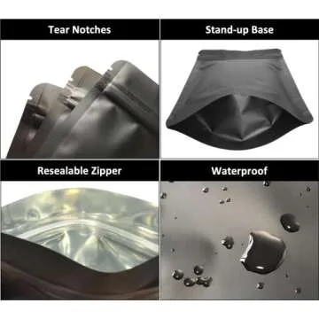 50 Pack 1 Gallon Matte Black Stand Up Food Storage Bags – 5 Mil 10x14 Inches Resealable Food Stora...