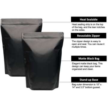 50 Pack 1 Gallon Matte Black Stand Up Food Storage Bags – 5 Mil 10x14 Inches Resealable Food Storage Zipper Pouch Bag, Large Heat Sealable Plastic Foil Packaging Pouches