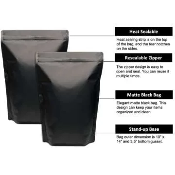 50 Pack 1 Gallon Matte Black Stand Up Food Storage Bags – 5 Mil 10x14 Inches Resealable Food Storage Zipper Pouch Bag, Large Heat Sealable Plastic Foil Packaging Pouches