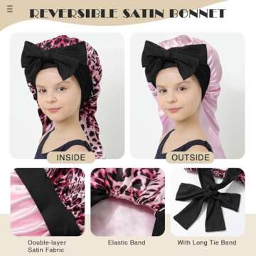 Kids Long Hair Bonnet for Sleeping - Double Layer Girls Elastic Satin Bonnet with Tie Band for Braid...