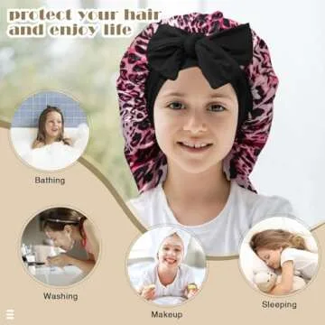Kids Long Hair Bonnet for Sleeping - Double Layer Girls Elastic Satin Bonnet with Tie Band for Braid Curly Hair (Pink Leopard+Pink)