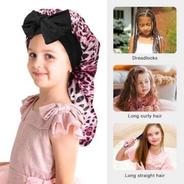 Kids Long Hair Bonnet for Sleeping - Double Layer Girls Elastic Satin Bonnet with Tie Band for Braid Curly Hair (Pink Leopard+Pink)
