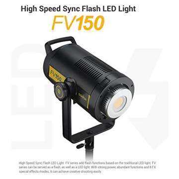 Godox FV150 150W High Speed Sync Flash and Continuous LED Light,12000LUX, CRI 95+ TCLI 96+, 1/8000S HSS, Built-in Godox 2.4G Wireless X System, 1/8-1/1 or 7.0/10.0 Power Output,8 Pre-Programmed Effect