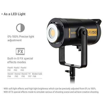 Godox FV150 150W High Speed Sync Flash and Continuous LED Light,12000LUX, CRI 95+ TCLI 96+, 1/8000S HSS, Built-in Godox 2.4G Wireless X System, 1/8-1/1 or 7.0/10.0 Power Output,8 Pre-Programmed Effect