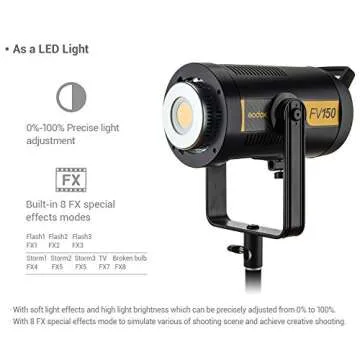 Godox FV150 150W High Speed Sync Flash and Continuous LED Light,12000LUX, CRI 95+ TCLI 96+, 1/8000S HSS, Built-in Godox 2.4G Wireless X System, 1/8-1/1 or 7.0/10.0 Power Output,8 Pre-Programmed Effect