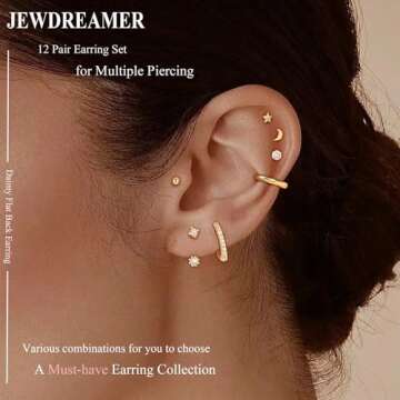 Jewdreamer Dainty Gold Flat Back Earrings Hypoallergenic Cartilage Earring Sets for Multiple Piercin...