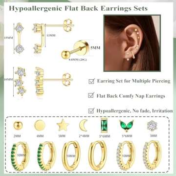 Jewdreamer Dainty Gold Flat Back Earrings Hypoallergenic Cartilage Earring Sets for Multiple Piercing 20G Surgical Stainless Steel Earrings Trendy Earring Stacks Small Hoop Flatback Stud Earrings