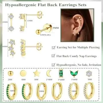 Jewdreamer Dainty Gold Flat Back Earrings Hypoallergenic Cartilage Earring Sets for Multiple Piercing 20G Surgical Stainless Steel Earrings Trendy Earring Stacks Small Hoop Flatback Stud Earrings