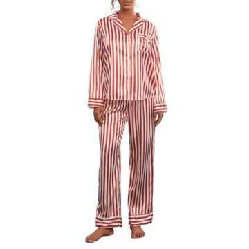NUFIWI Women Christmas 2 Piece Pajamas Set Striped Printed Long Sleeve Button Down Shirt and Pants Lounge Sleepwear(B Red,Small)