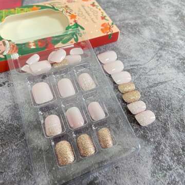 Christmas Press on Nails Square Short Fake Nails Pink False Nails With Snowflake Designs Glitter Full Cover Stick on Nails Acrylic Xmas Winter Artificial Nails Glue on Nails for Women 24Pcs