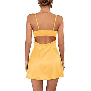 Rooscier Women's Spaghetti Strap Lace Satin Slip Nightwear Sexy Party Mini Dress Yellow Large