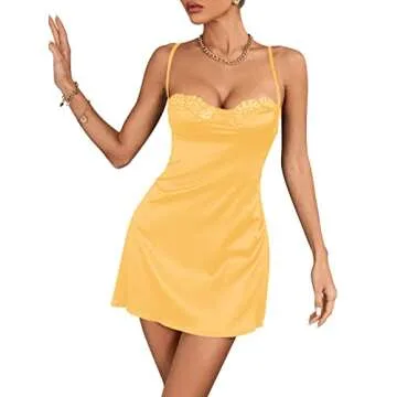 Rooscier Women's Spaghetti Strap Lace Satin Slip Nightwear Sexy Party Mini Dress Yellow Large