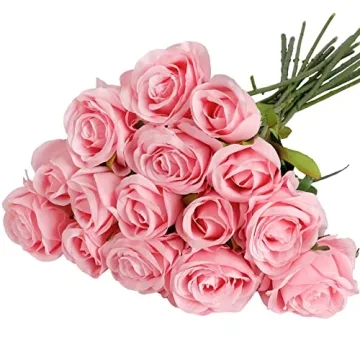 CEWOR 15pcs Artificial Pink Roses Flowers with Stems Silk Rose Bouquet Valentine's Day Decorations f...