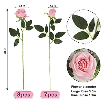 CEWOR 15pcs Artificial Pink Roses Flowers with Stems Silk Rose Bouquet Valentine's Day Decorations for Wedding Bridal Party Home Table Mom Birthday Decor (Pink)