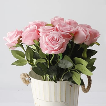 CEWOR 15pcs Artificial Pink Roses Flowers with Stems Silk Rose Bouquet Valentine's Day Decorations for Wedding Bridal Party Home Table Mom Birthday Decor (Pink)