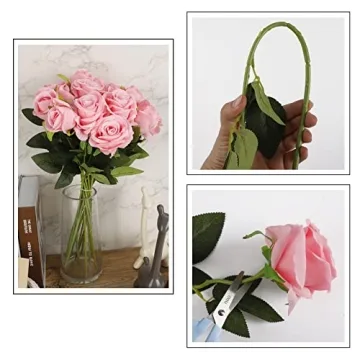 CEWOR 15pcs Artificial Pink Roses Flowers with Stems Silk Rose Bouquet Valentine's Day Decorations for Wedding Bridal Party Home Table Mom Birthday Decor (Pink)