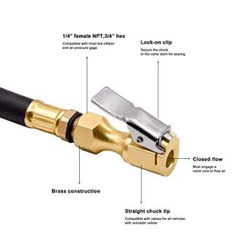 SAFELIFE Brass Air Chuck Tire Chuck Heavy Duty Lock on Tire Inflator Chuck with Clip