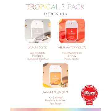 Touchland Power Mist Hydrating Hand Sanitizer Spray, TROPICAL 3-Pack (Mango Passion + Beach Coco + Watermelon), 500-Sprays each, 1Fl Oz Travel Size (Set of 3)