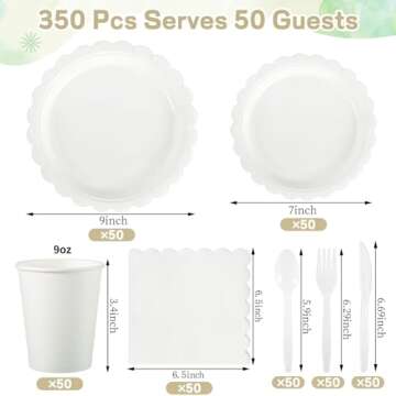 Xiangqu 350 Pcs White Paper Plates and Napkins, 50 Guest White Party Supplies Include White Scalloped Plates Paper Napkin Cup Plastic Spoon Fork Knive for Baby Shower, Wedding, Birthday