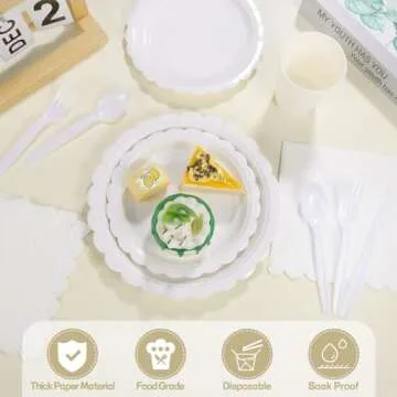 Xiangqu 350 Pcs White Paper Plates and Napkins, 50 Guest White Party Supplies Include White Scalloped Plates Paper Napkin Cup Plastic Spoon Fork Knive for Baby Shower, Wedding, Birthday