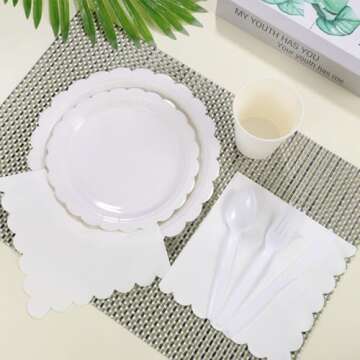 Xiangqu 350 Pcs White Paper Plates and Napkins, 50 Guest White Party Supplies Include White Scalloped Plates Paper Napkin Cup Plastic Spoon Fork Knive for Baby Shower, Wedding, Birthday