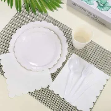 Xiangqu 350 Pcs White Paper Plates and Napkins, 50 Guest White Party Supplies Include White Scalloped Plates Paper Napkin Cup Plastic Spoon Fork Knive for Baby Shower, Wedding, Birthday