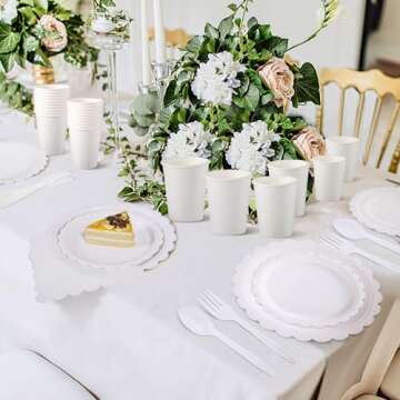 Xiangqu 350 Pcs White Paper Plates and Napkins, 50 Guest White Party Supplies Include White Scalloped Plates Paper Napkin Cup Plastic Spoon Fork Knive for Baby Shower, Wedding, Birthday